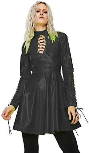 Women PVC Long Sleeve Dress Vinyl Hollow Out A-Line Dress High Waist Above Knee Mini Party Dress,Black,XXXL