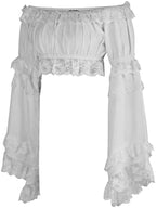 Daisy corsets Women's White Crepe Smocked Flare Sleeve Peasant Top Blouse Fashion Off the Shoulder