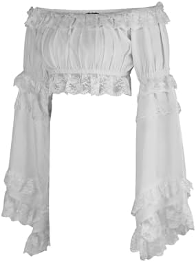 Daisy corsets Women's White Crepe Smocked Flare Sleeve Peasant Top Blouse Fashion Off the Shoulder
