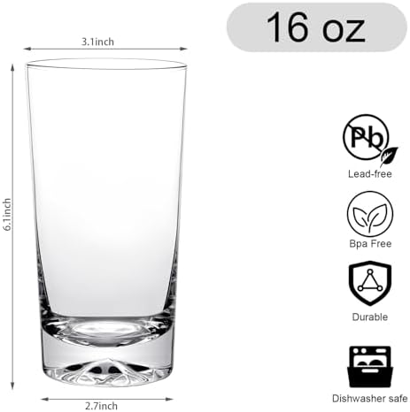 Drinking Highball Glasses Set of 6, 16oz Crystal Water Glasses