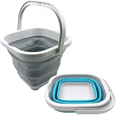 SAMMART 5L (1.3 Gallon) Square Collapsible Plastic Bucket - Foldable Square Tub - Portable Fishing Water Pail - Space Saving Outdoor Waterpot (Grey + Bright Blue (Set of 2))