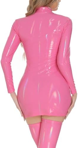 FEOYA Latex Dress for Women Sexy Faux Leather Wet Look Lingerie Dominatrix Outfits Cosplay Devil Halloween Costume