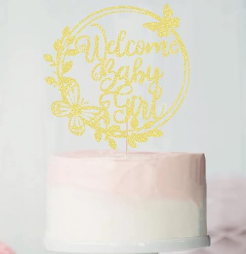 Welcome Baby Girl Cake Topper - Gold Glitter Baby Shower Cake Decorations for Girl, Baby Girl Cake Decor, for Baby Shower/Baby Birthday Party/Gender Reveal Party Photo Booth Props