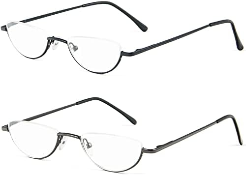 REAVEE 2 Pack Half Lens Reading Glasses for Men Women Spring Hinge Metal Half Frame Readers Slim Half Moon Eyeglasses with Pouch, Black and Gun Grey 1.75