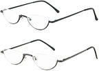 REAVEE 2 Pack Half Lens Reading Glasses for Men Women Spring Hinge Metal Half Frame Readers Slim Half Moon Eyeglasses with Pouch, Black and Gun Grey 2.5