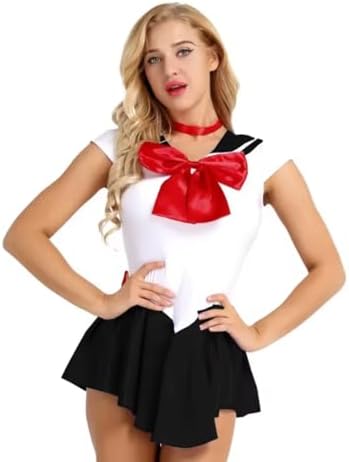 PVC Faux Leather Short Sleeve Flared Sailor Mini Dress Halloween Clothes for Cosplay Costume