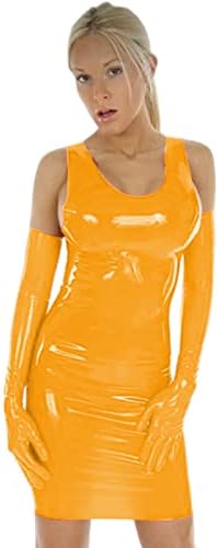 Plus Size PVC Mini Tank Dress Sexy PU Patent Leather Sheath Dress Mini Low Cut Slim Latex Nightclub Dresses with Gloves,Yellow,L