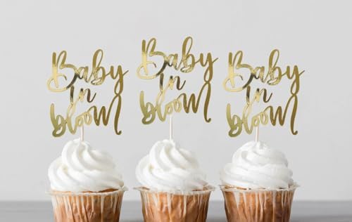12Pcs Gold Foil Baby in Bloom 2.3 * 4.3inch Cupcake Topper Picks for Birthday Gender Reveal Baby Shower Party Cake Decorations