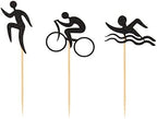 24 PCS Black Glitter Triathlon Cupcake Toppers Swimming Running Cycling Picks for Sports Theme Party Birthday Wedding Baby Shower Anniversary Party Cake Dessert Decorations Supplies