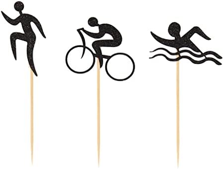 24 PCS Black Glitter Triathlon Cupcake Toppers Swimming Running Cycling Picks for Sports Theme Party Birthday Wedding Baby Shower Anniversary Party Cake Dessert Decorations Supplies