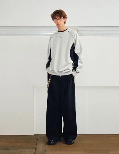 Men's Teen Oversized Color Block Crewneck Sweatshirt Y2k Letter Graphic Long Sleeve Casual Pullover Shirt