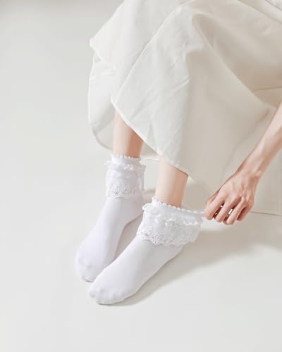 Women Lace Ruffle Frilly Ankle Socks with Pearl Lace
