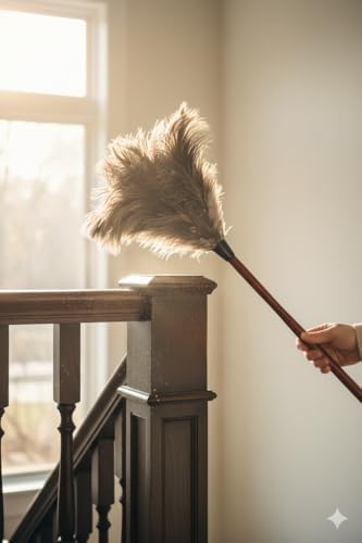 28-29" Natural Ostrich Feather Duster with Long Wooden Handle - Eco-Friendly & Reusable for Cleaning and Dusting