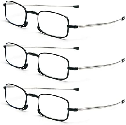 3 Pack Folding Reading Glasses with Keychain Compact Bags Women Men Blue Light Blocking Spring Hinge Portable Pocket Readers,Black 2.5