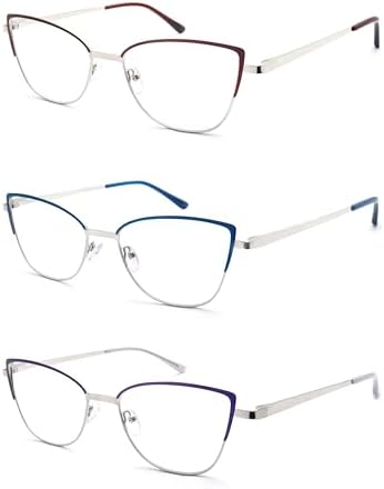 Reading Glasses Women Blue Light Blocking Thin Readers Stylish Cat Eye Cheaters Full Metal Frames Spring Hinges 3 Pack