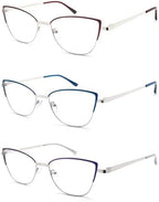 Reading Glasses Women Blue Light Blocking Thin Readers Stylish Cat Eye Cheaters Full Metal Frames Spring Hinges 3 Pack