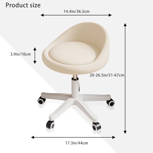 Rolling Stool – Ergonomic Swivel Seat, Adjustable Height, Ultra-Quiet Wheels, Padded PU Leather Cushion, for Salon, Office, Massage & Medical Use Beige