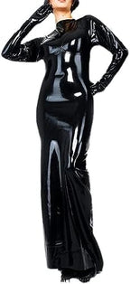 Black Long Sleeves Sexy Latex Dress with High Collar Zipper Back Rubber Gown Bodycon Playsuit,Black,XXL