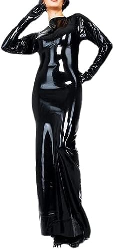 Black Long Sleeves Sexy Latex Dress with High Collar Zipper Back Rubber Gown Bodycon Playsuit,Black,XXL