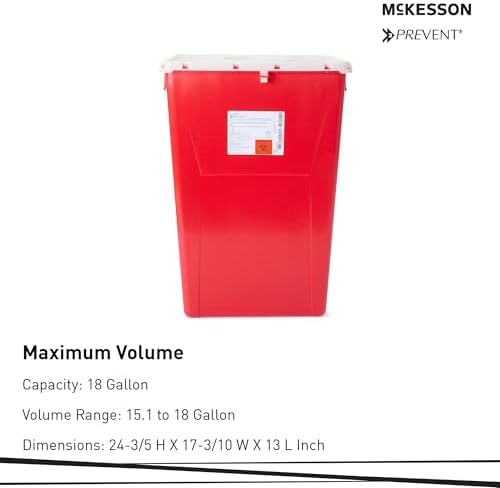 McKesson Prevent Premium Biohazard Sharps Container - Vertical Entry, Rotating Lid - Red and White, 18 gal, 13 in x 17 3/10 in x 24 3/5 in, 1 Count