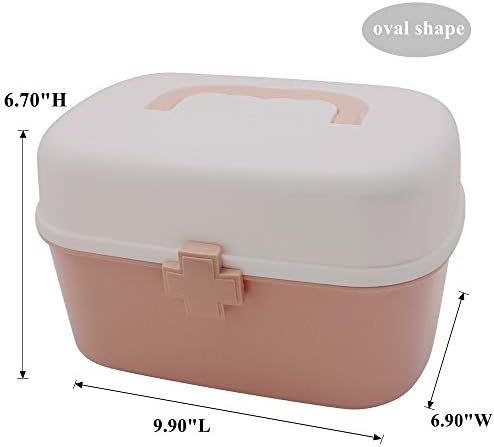 BangQiao Plastic First Aid Storage Box Container Bin with Removable Tray and Portable Handle, Family Emergency Medicine Kit Case Organizer, White&Pink
