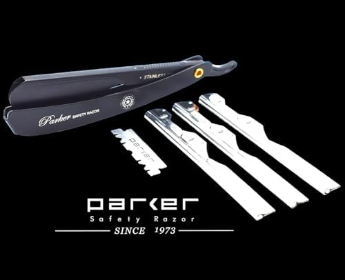 Parker PTABK Adjustable Stainless-Steel Barber Razor | 3 Blade Exposures (Low/Medium/High) | Straight Shavette with 5 Premium Platinum Refills | Black Stainless Steel Handle