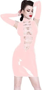 Plus Size 7XL Mini Dress with Fingerless Gloves Women PVC Sleeveless Belts Front Novelty Dancing Club Dress,Lotus Root Pink,M
