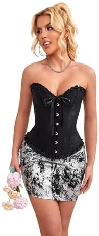 Women Classic Black Corset Top Floral Renaissance Lace Up Boned Overbust Corset Bustier