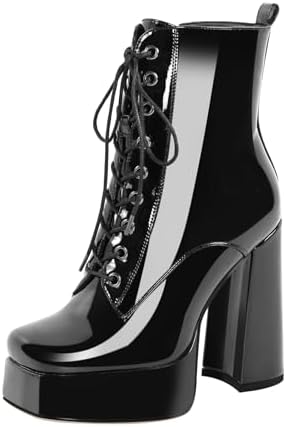 richealnini Sparkly Metallic Ankle Boots for Women Platform Heel Front Lace Up Block Heels Side Zip Up Short Booties