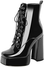 richealnini Sparkly Metallic Ankle Boots for Women Platform Heel Front Lace Up Block Heels Side Zip Up Short Booties