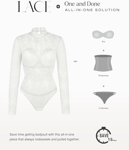 Popilush Long Sleeve Body Suits Womens Tummy Control Open Back Sheer Top Built in Bra Turtleneck Lace Shapewear Bodysuit