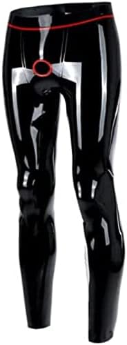 Latex Men Trousers with Trims Ring Holes Skinny Latex Leggings,Black,Large