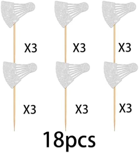 18 Pieces Silver Glitter Silhouette Badminton Cupcake Topper for Play Badminton Sport Theme Party Favors Decorations Men Women Happy Birthday Party Decor Supplies set