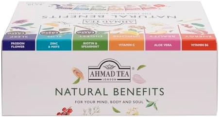 Ahmad Tea Natural Benefit Functional Tea Selection Pack | Green teas, Fruit & Herbal Infusions | Perfect herbal tea gift - 60 Teabag Sachets | 6 blends