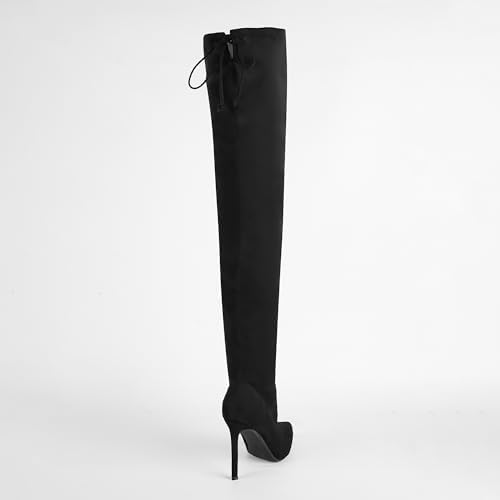Women's Thigh High Block Stiletto Heel Over The Knee Boots, Faux Suede Elasticity, Long Black Boots, Round Toe&Pointed Toe, Side Zip Sexy Boots for Winter Fall