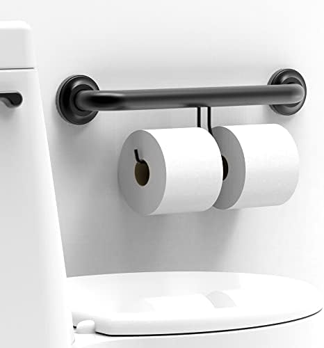 ADA Compliant Grab Bar with Toilet Paper Holder (2 Mega Rolls), 500lbs Weight Support, 1-1/4 x 16 inch for Stud Mount, Matte Black