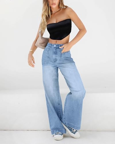 EMMIOL Women's Wide Leg Jeans Baggy Jeans Mid Waist Stretch Boyfriend Denim Pants Vintage Trousers with Pocket