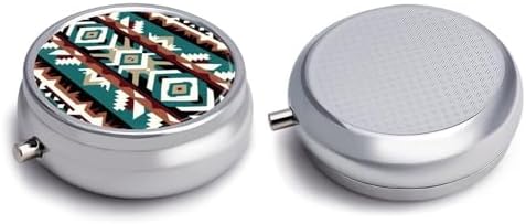 3 Compartment Pill Box, Round Medicine Pill Case, Cute Travel Pill Case, Decorative Portable Organizer for Pocket Teal Turquoise Tribal Navajo Aztec Geometric Ethnic Pattern