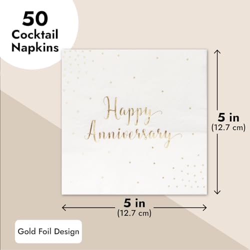 BLUE PANDA Happy Anniversary Napkins - 5 x 5 In, 3-Ply, 50 Pack, Elegant Gold Foil - Disposable Anniversary Paper Goods & Cocktail Napkins for Wedding Party Decor
