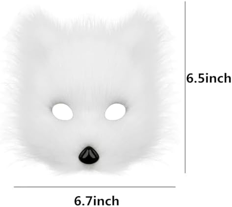 Soochat Fox Mask Half Face Wolf Mask Plush Therian Masks for Cosplay Halloween Masquerade Costume Party Cosplay Props (White)