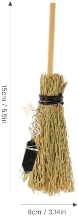 NUOBESTY Mini Witch Broom with Pendant 16x8cm Halloween Brooms Pendants Wooden Witch Broomstick DIY Broom Ornament for Party Tabletop Hanging Pendant Accessories Khaki