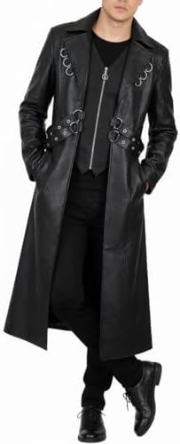 Men's 70s PU Leather Trench Coat Long German Style Punk Motorcycle Jacket Black Fuxs Leather Zipper Coat
