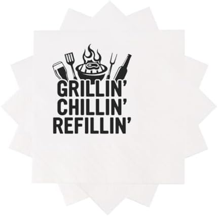 Grillin Chillin Refillin BBQ Party Grilled Meat Beer Funny Griller Cocktail Napkins for BBQ Birthday Food Themed Housewarming Picnic Festival Tailgate Party 100Pcs 4.5 x 4.5 2-ply (Grillin)