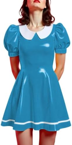 Women's Glossy PVC Leather Peter Pan Collar Puff Sleeve A-Line Mini Dress Preppy Style for Parties Nightclubs Daily Wear