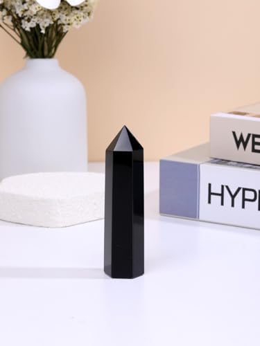 Jovivi Black Obsidian Crystal Wands for Healing,3.5"-4" Polishied Natural 6 Faceted Single Point Chakra Crystal Wand for Reiki Energy Meditation Stone Home Decor Collection Gift 1PC