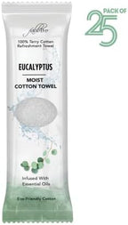 Oshibori Moist Terry Cotton Refreshment Towels (25 Pack, 8 x 8 Inches) - White Scented Pre-moistened Towel to Use Hot or Cold (Eucalyptus)