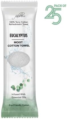 Oshibori Moist Terry Cotton Refreshment Towels (25 Pack, 8 x 8 Inches) - White Scented Pre-moistened Towel to Use Hot or Cold (Eucalyptus)