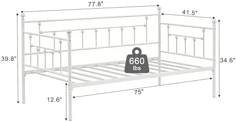 VECELO Twin Size Daybed Frame Metal Steel Slat Support with Headboard Sofa Bed Platform for Living Room, Guest Room, Easy Assembly, White