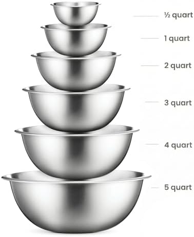 FineDine Stainless Steel Mixing Bowls Set, Dishwasher Safe, 6 Piece Metal Mixing Bowls For Kitchen, Nesting, Large, Small, Big Food Prep, Cooking, Baking