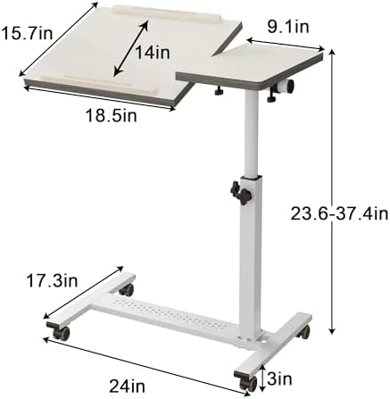 TigerDad Over Bed Table with Wheels Adjustable | Rolling Laptop Table Overbed Desk Hospital Tray Table Sofa Chair Side Table for Home Office (White)